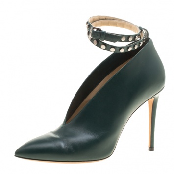Pre Owned Jimmy Choo Bottle Green Leather Lark Ankle Wrap Pointed Toe Booties Size 38