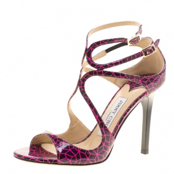 Pre Owned Jimmy Choo Pink and Black Print Patent Lance Strappy Sandals Size 35.5