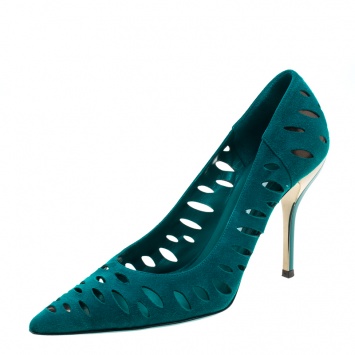 Pre Owned Jimmy Choo Teal Suede Talka Cutout Pumps Size 38.5