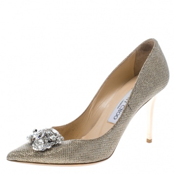 Pre Owned Jimmy Choo Metallic Gold Lamè Glitter Fabric Mamey Crystal Embellished Pointed Toe Pumps Size 36.5