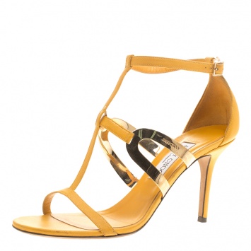 Pre Owned Jimmy Choo Yellow Leather T Strap Sandals Size 39.5