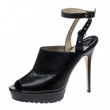 Pre Owned Jimmy Choo Black Leather Peep Toe Platform Sandals Size 40
