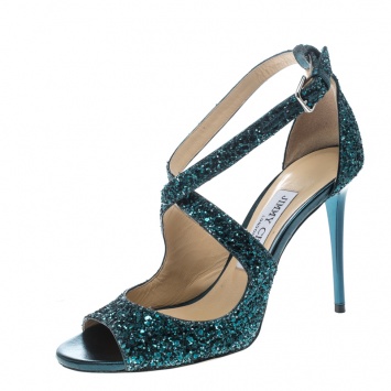 Pre Owned Jimmy Choo Blue Glitter Fabric Emily Ankle Strap Sandals Size 36