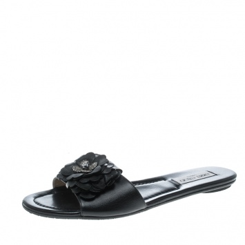 Pre Owned Jimmy Choo Black Leather Neave Floral Appliqué Slides Size 41