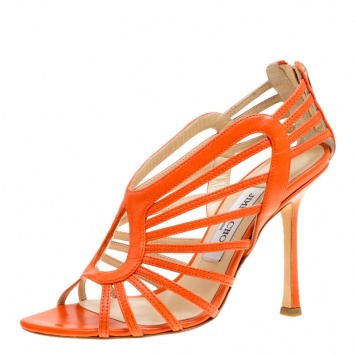 Pre Owned Jimmy Choo Orange Leather Open Toe Caged Sandals Size 36