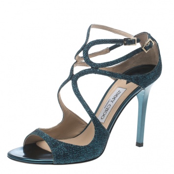 Pre Owned Jimmy Choo Metallic Blue Lamè Fabric Lance Strappy Sandals Size 39