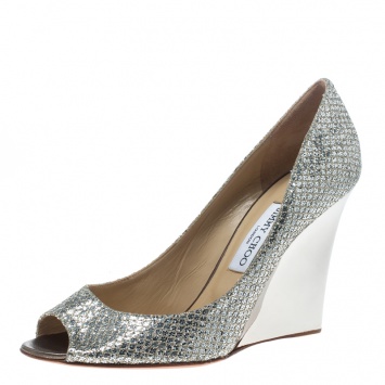Pre Owned Jimmy Choo Silver Glitter Baxen Peep Toe Wedge Pumps Size 40