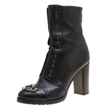 Pre Owned  Jimmy Choo Black Leather Crystal Embellished Datchet Ankle Boots Size 41