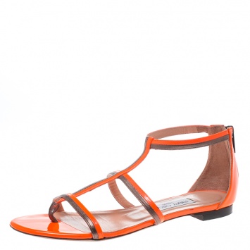Pre Owned Jimmy Choo Neon Orange Patent Leather Tabitha T Straps Flat Sandals Size 39