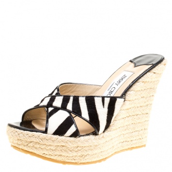 Pre Owned Jimmy Choo Black/White Calfhair Phyllis Espadrilles Wedges Slides Size 38