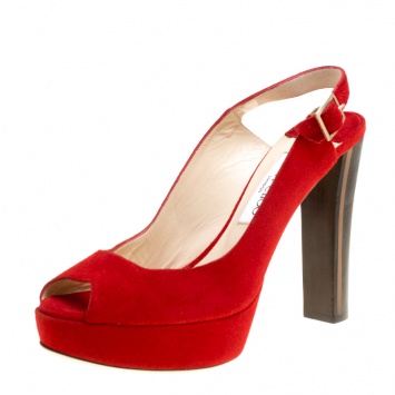 Pre Owned Jimmy Choo Red Suede Lexy Platform Slingback Sandals Size 39.5