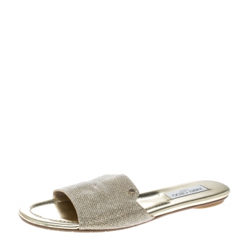 Pre Owned Jimmy Choo Metallic Gold Glitter Fabric Nanda Slides Size 41
