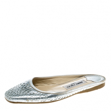 Pre Owned Jimmy Choo Silver Glitter and Leather Maya Slides Size 36.5