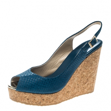Pre Owned Jimmy Choo Blue Snake Embossed Leather Prova Slingback Cork Wedge Sandals Size 37.5