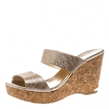 Pre Owned Jimmy Choo Metallic Beige Python Print Suede Parker Cork Wedge Sandals Size 41