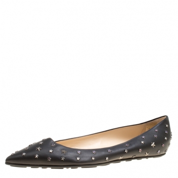 Pre Owned Jimmy Choo Black Leather Crystal Star Studded Pointed Toe Ballet Flats Size 41