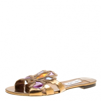 Pre Owned Jimmy Choo Metallic Bronze Leather and Multicolor PVC Lisa Flat Slides Size 41