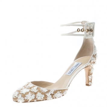 Pre Owned Jimmy Choo Beige/Off White Floral Woven Raffia Magic 65 Ankle Strap Round Toe Pumps Size 40