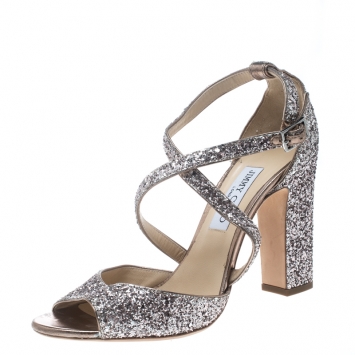 Pre Owned Jimmy Choo Metallic Rose Coarse Glitter Carrie Cross Strap Sandals Size 41