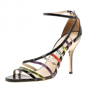 Pre Owned Jimmy Choo Multicolor/Black Snakeskin and Patent Leather Strappy Sandals Size 38