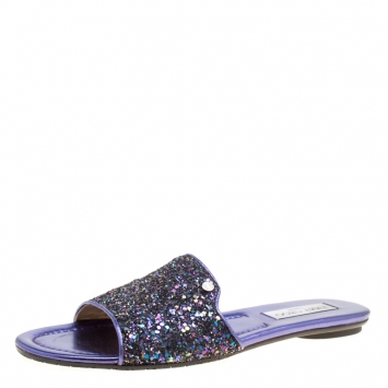Pre Owned Jimmy Choo Metallic Purple Coarse Glitter Nanda Flat Slides Size 39.5