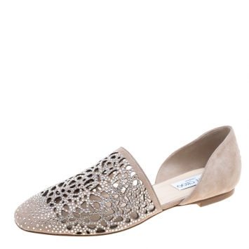 Pre Owned Jimmy Choo Beige Laser Cut Suede Globe Crystal Embellished D'orsay Flats Size 37.5