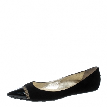 Pre Owned Jimmy Choo Black Suede And Lace Trim Ginny Patent Cap Toe Pointed Ballet Flats Size 42