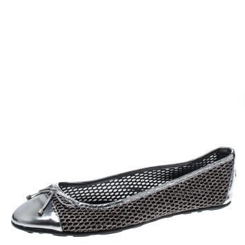 Pre Owned Jimmy Choo Metallic Silver Mesh And Leather Cap Toe Bow Detail Ballet Flats Size 42