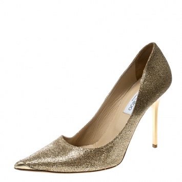 Pre Owned Jimmy Choo Metallic Gold Lamé Glitter Fabric Abel Pointed Toe Pumps Size 39.5