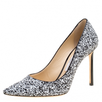 Pre Owned Jimmy Choo Monochrome Coarse Glitter Fabric Romy Pointed Toe Pumps Size 38