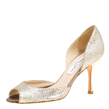 Pre Owned Jimmy Choo Metallic Glitter Champagne Logan D'orsay Peep Toe Pumps Size 35