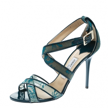 Pre Owned Jimmy Choo Blue Lace and Patent Leather Lottie Strappy Sandals Size 40