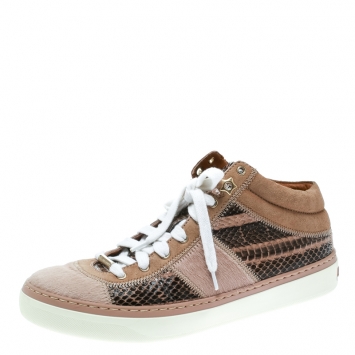 Pre Owned Jimmy Choo Pink Pony Hair and Snakeskin Embossed Leather Lace Up Sneakers Size 37