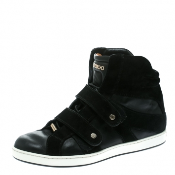 Pre Owned Jimmy Choo Black Leather And Suede Yazz High Top Sneakers Size 36.5