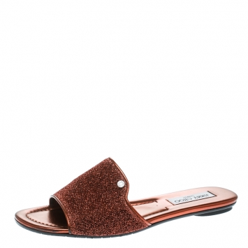 Pre Owned Jimmy Choo Metallic Pop Orange Lurex Fabric Nanda Flat Slides Size 39.5