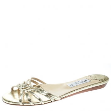 Pre Owned Jimmy Choo Metallic Gold Leather Flat Slides Size 37.5