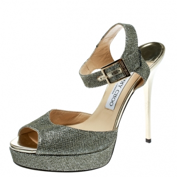 Pre Owned Jimmy Choo Metallic Gold Lame Fabric Peep Toe Platform Sandals Size 39