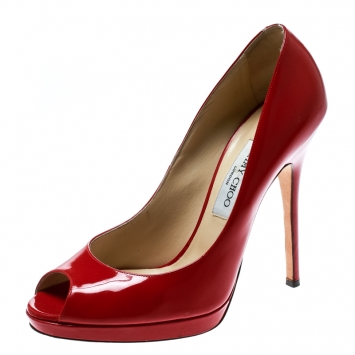 Pre Owned Jimmy Choo Red Patent Leather Luna Peep Toe Platform Pumps Size 40