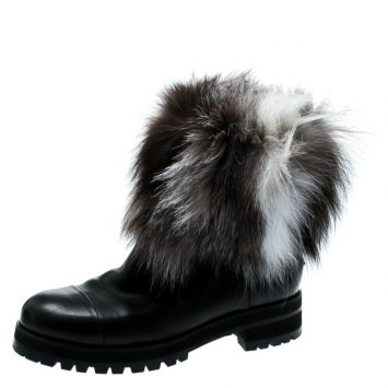 Pre Owned Jimmy Choo Black Leather With Fox Fur Dana Ankle Boots Size 39.5