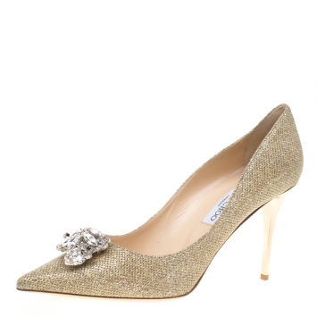 Pre Owned Jimmy Choo Metallic Gold Lamè Glitter Fabric Mamey Crystal Embellished Pointed Toe Pumps Size 41