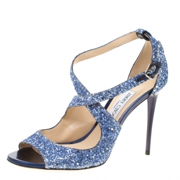 Pre Owned Jimmy Choo Blue Coarse Glitter Emily Cross Ankle Strap Sandals Size 41