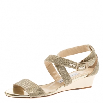 Pre Owned Jimmy Choo Metallic Gold Glitter Fabric Chiara Cross Strap Open Toe Sandals Size 36