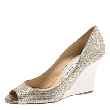 Pre Owned Jimmy Choo Metallic Champagne Glitter Fabric Baxen Peep Toe Wedge Pumps Size 37.5