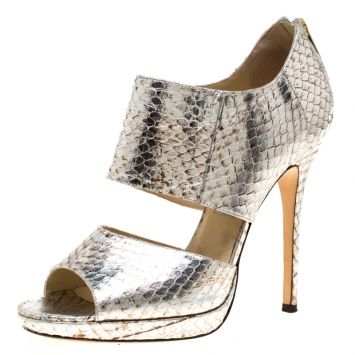 Pre Owned Jimmy Choo Metallic Silver Python Embossed Leather Private Peep Toe Sandals Size 40