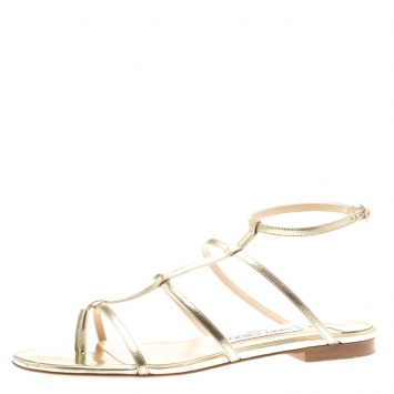 Pre Owned Jimmy Choo Metallic Gold Patent Leather Doodle Flat Sandals Size 37