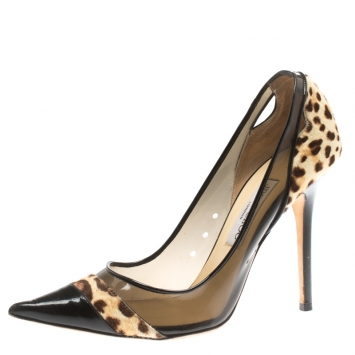 Pre Owned Jimmy Choo Black Leather And Leopard Print Pony Hair Binnis Pointed Toe Pumps Size 40