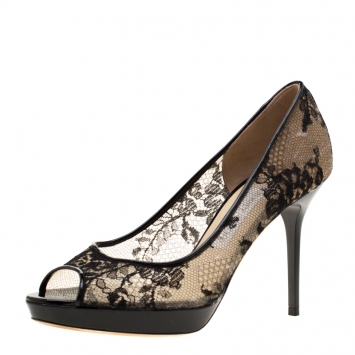 Pre Owned Jimmy Choo Black Lace Luna Peep Toe Platform Pumps Size 37