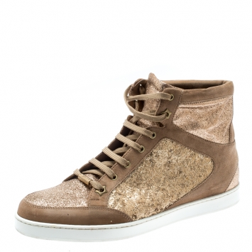 Pre Owned Jimmy Choo Metallic Beige Suede And Glitter Tokyo High Top Sneakers Size 38.5