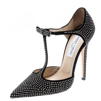 Pre Owned Jimmy Choo Black Studded Suede Talan T Strap Pointed Toe Pumps Size 37