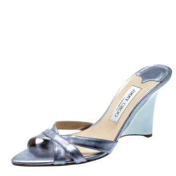 Pre Owned Jimmy Choo Metallic Blue Leather Cross Strap Wedge Sandals Size 38